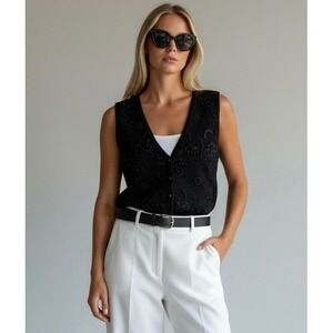 Vintage Black Beaded Size 14 Floral Embroidered Cotton Knit Sweater Vest